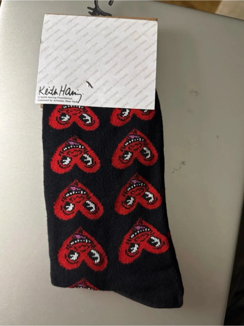 Urban Outfitters Black Crew Socks with Red Heart Faces Motif
